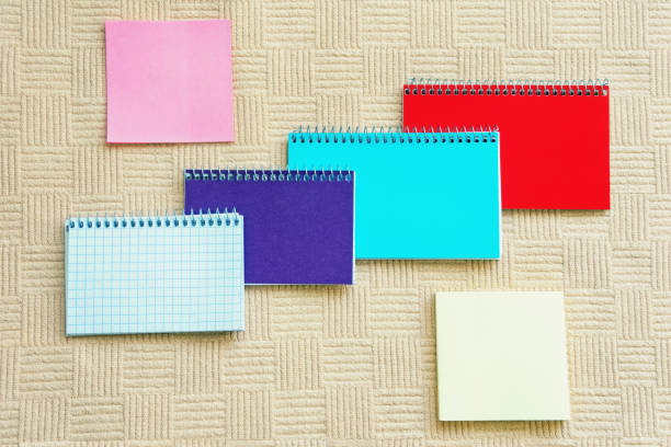 Colorful spiral notepads and notes. Flat lay, copy space