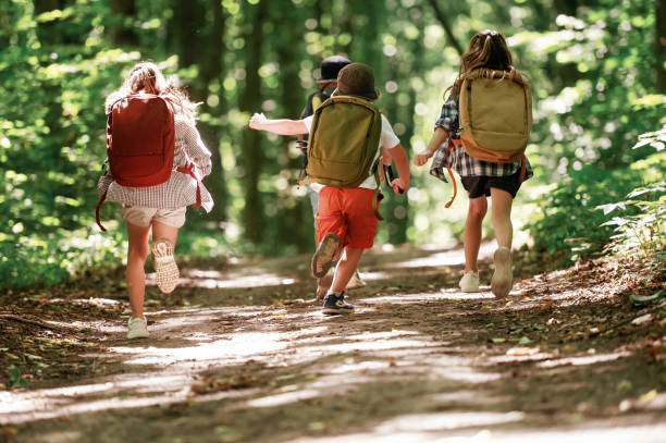 istock View from the back. Kids in forest at summer daytime together 2163576438