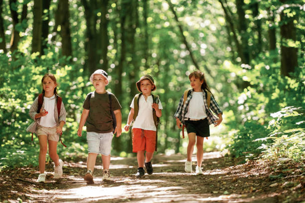 istock Walking together. Kids in forest at summer daytime 2163576442