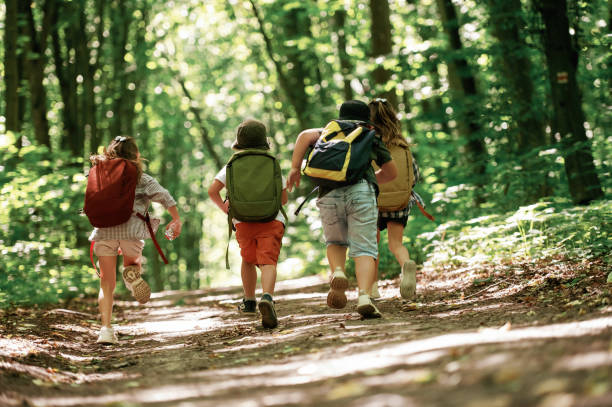 istock With backpacks. Kids in forest at summer daytime together 2163576498