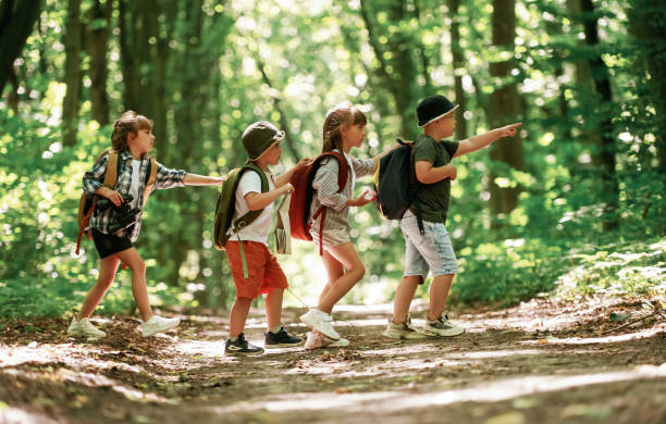 istock Going to the side. Kids in forest at summer daytime together 2163576512