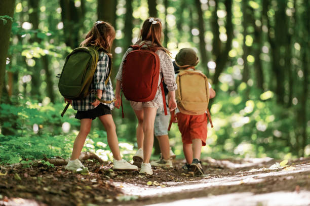 istock Going on the pathway. Kids in forest at summer daytime together 2163576627