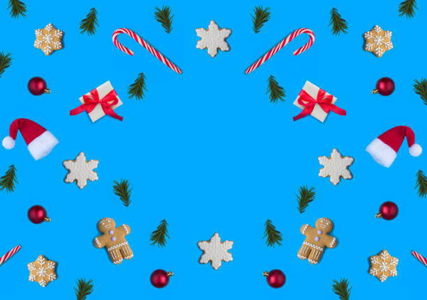 istock Christmas decoration on the blue background. Top view. Copy space. Flat lay. 2163577171