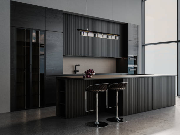 istock Modern Anthracite Wooden Kitchen and Dining Room Interior Design. 3D Modelling. 2163577462