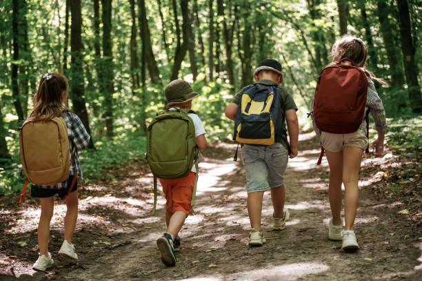 istock Long way, exploring. Kids in forest at summer daytime together 2163581706
