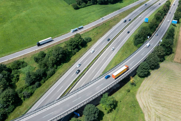 istock Traffic on highways, aerial view 2163582303