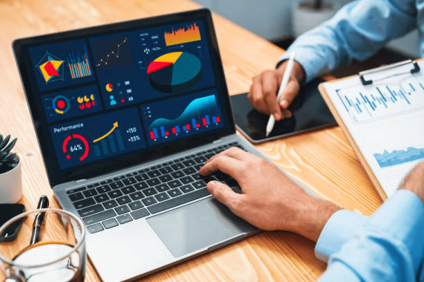 istock Financial data analysis dashboard display on laptop screen. Habiliment 2163582565