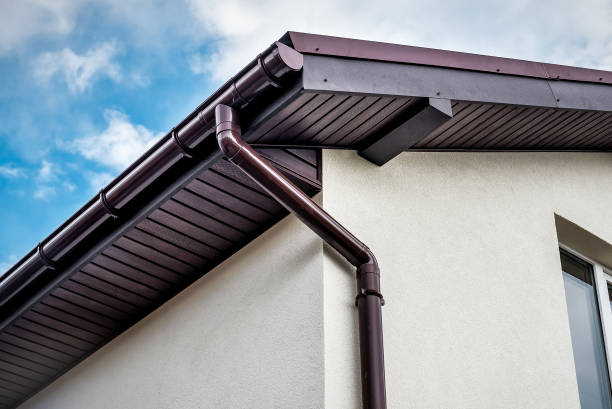 istock Lateral coated metal panel, rain gutter and rain water pipe at a roof 2163584997