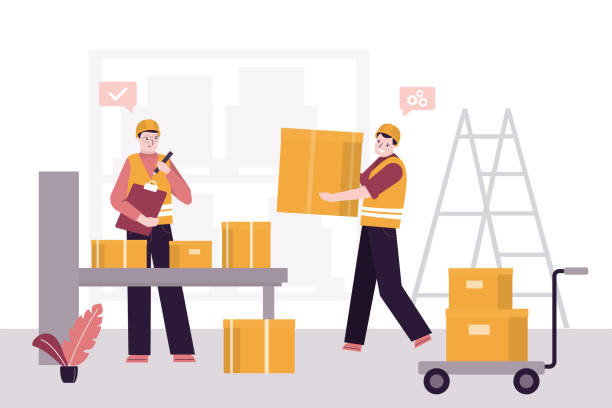 Warehouse workers checking inventories. Checking list of storage boxes. Warehouse staff preparing products for shipment. Warehouse workers checking inventories. Checking list of storage boxes. Warehouse staff preparing products for shipment. Work of packaging department for preparation of shipments. vector illustration pallet jack handle stock illustrations