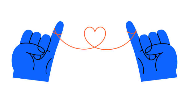 Two hands with red thread in heart shape flat illustration Hand drawn cute cartoon illustration two hands with red thread in heart shape. Flat vector rope tied on little finger doodle style. Family ties icon. Love romantic couple print. Forever bond. Isolated ropes tied together stock illustrations