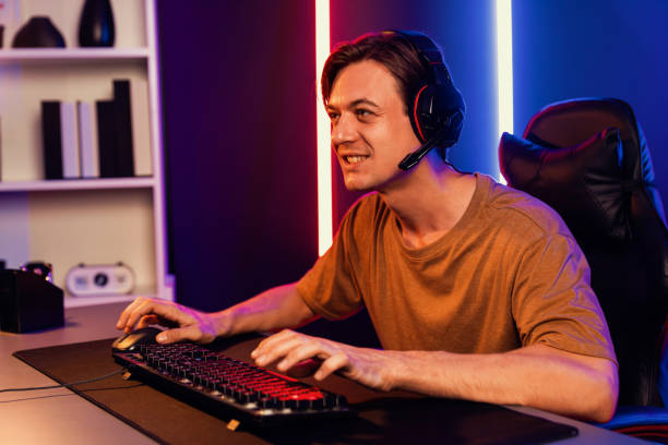 istock Host channel of smart streamer playing online game to be winner. Pecuniary. 2163605397