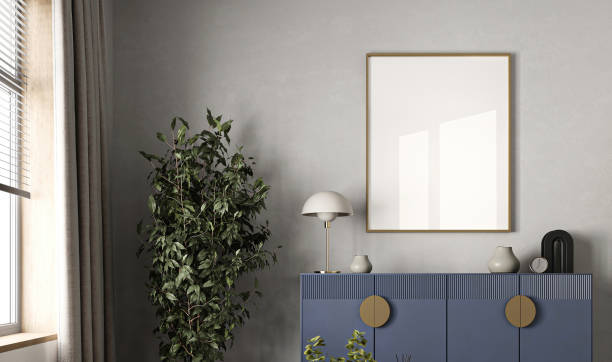 istock Modern gray livingroom with bright blue commode and green plants background. Light modern japanese nature view. 3d rendering 2163611311
