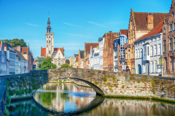 Spiegelrei water canal with Burghers’ Lodge on background in Bruges, Belgium