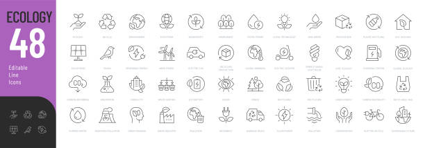 ilustraciones, imágenes clip art, dibujos animados e iconos de stock de conjunto de iconos editables de ecología. - central eléctrica solar