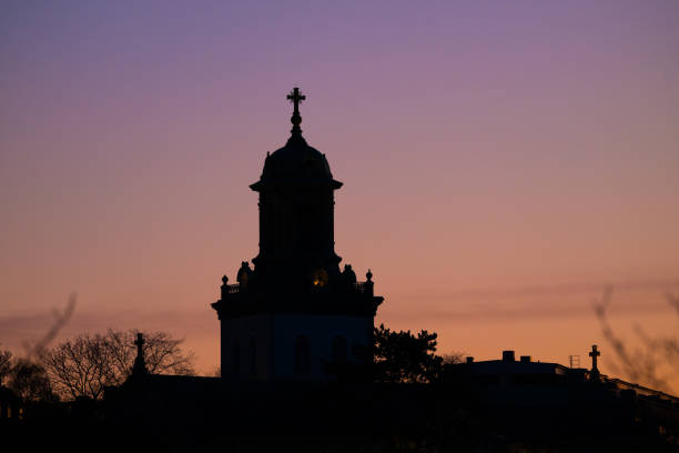Gothenburg, Sweden - March 07 2024: Church steeple in evening light.