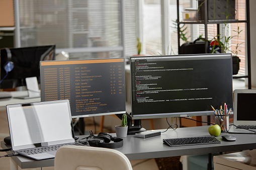 Software Engineer Example Screen Software Engineer Workspace With Computer Script On Monitor Stock Photo ...