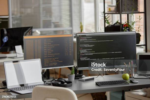 Software Engineer Workspace With Computer Script On Monitor Stock Photo ...