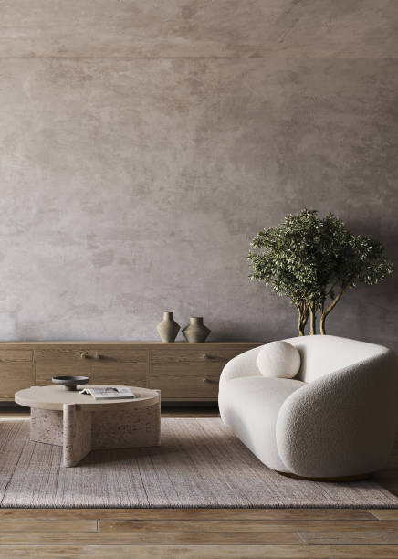 istock Contemporary living room with plush sofa and natural wooden elements, 3d rendering 2163621682
