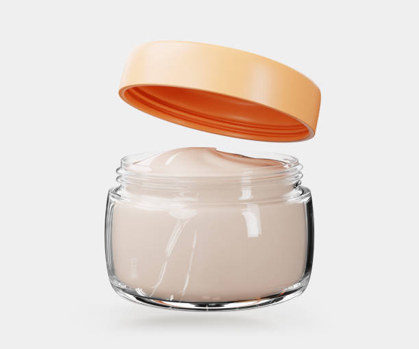istock Glass jar with face cream and open beige lid mockup isolated 3d render icon. Realistic cosmetic transparent container, clear package with white beauty skincare product and screw cap 2163622123