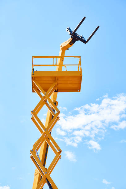istock Telescopic mobile crane and construction scissor lift 2163625977