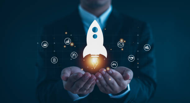 istock Entrepreneurship launch rocket start flying up and network line connection. Startup concept plan development business project digital. 2163627251