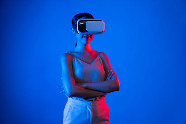 istock Woman confidently pose while look into virtual area of metaverse. Hallucination. 2163629304