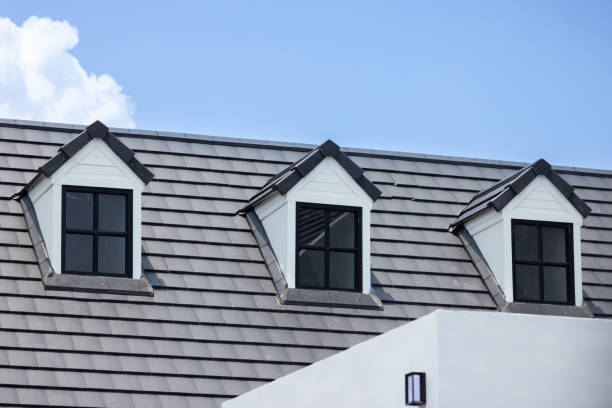 istock Three windows on a roof with a blue sky in the background 2163630303
