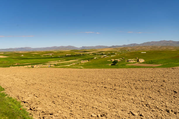 A field of dirt with a few houses in the distance. The sky is clear and blue
