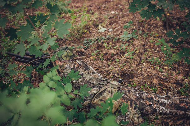 A sniper in full camouflage gear lies concealed in the foliage, holding a precision rifle, demonstrating stealth and discretion during a tactical operation in the forest.