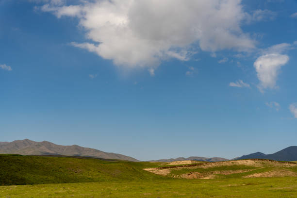 A large, open field with a clear blue sky. The sky is dotted with clouds, giving the scene a peaceful and serene atmosphere
