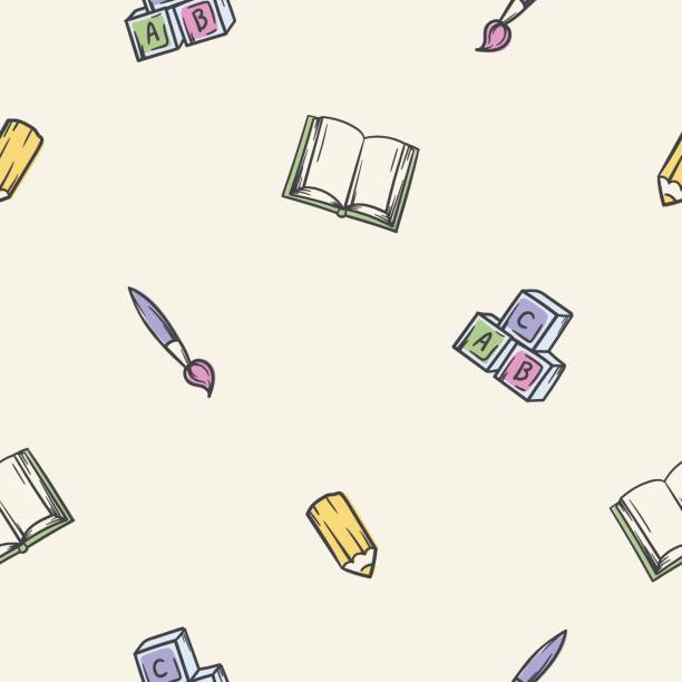 istock Simple baby seamless pattern with icons of toys for children and creative tools. Endless background with pencil, brush, book and cubes pictograms. Color illustration for wrapping paper, banner, print 2163635990