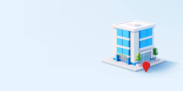 ilustraciones, imágenes clip art, dibujos animados e iconos de stock de edificio hospitalario, 3d. un edificio moderno, para conceptos de tratamiento y prestación de atención médica a los pacientes. hospitales privados, seguros. vector - villa asentamiento humano