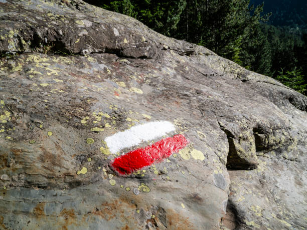 istock Red and white trail sign on a rock 2163643671