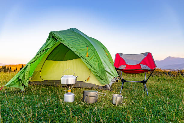 istock Camping high in the mountains with mountain views. 2163643875
