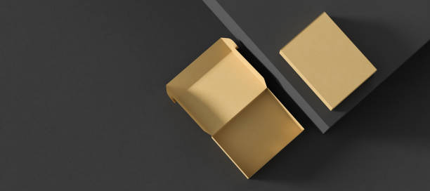 istock Cardboard box mock up. Kraft box mock up isolated on dark background. 3D illustration 2163644548