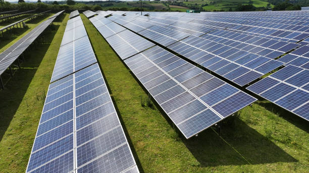 istock Aerial view of solar farm 2163645203