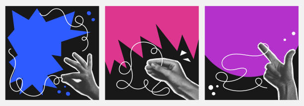 istock Set of blank square poster with halftone hand hold out line scribble. Background playful funny abstract shape in collage style 2163647667