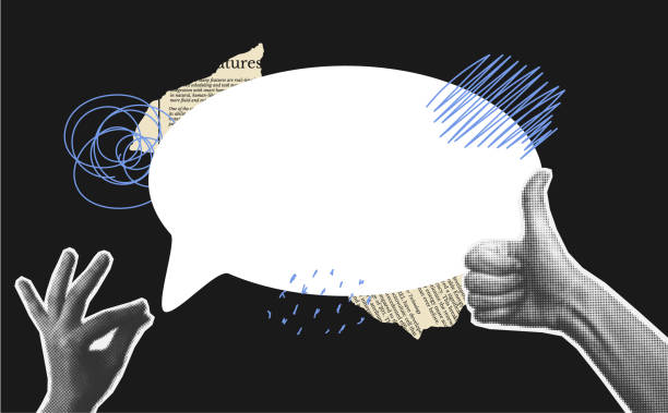 Collage background with halftone hand hold bubble speech with negative space. Retro newspaper and torn paper. Collage background with halftone hand hold bubble speech with negative space. hhh stock illustrations