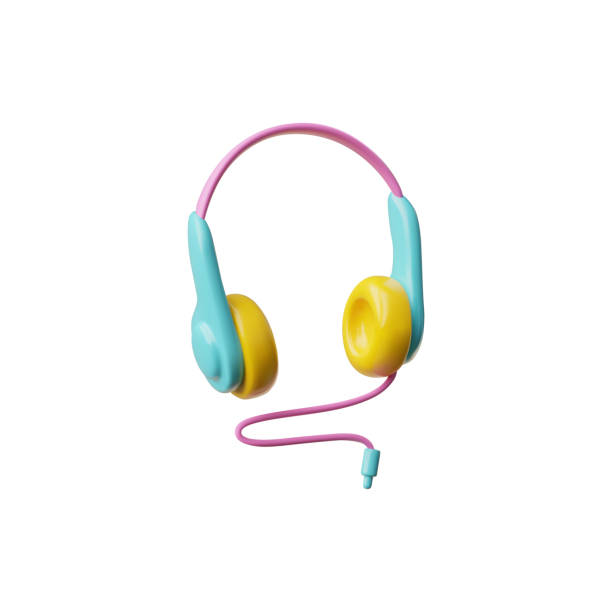 istock Colorful wire headphone 3D plastic style vector icon, 90s retro music listening device, stereo headset vintage accessory 2163648105