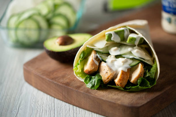 Chicken Cucumber Blue Cheese Avocado and Daikon Radish and Lettuce Wrap