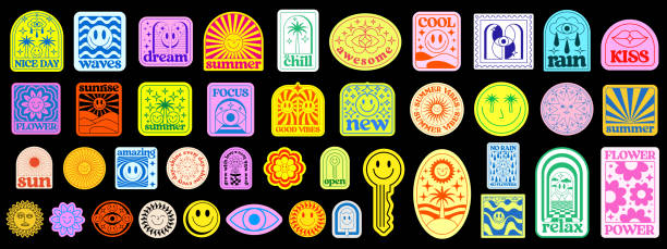 ilustrații de stoc cu autocolante cool de vară colaj pop art. set de patch-uri la modă y2k. groovy design elements ilustrație vectorială. - atitudine cool