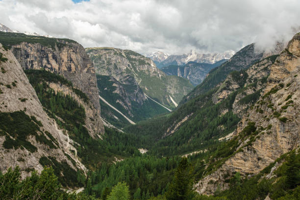 Snowy Tre Cime Circuit Trail with Dolomites appearing intermittently through the shifting June fog