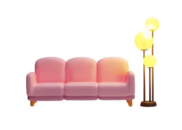 istock 3D sofa with triple cushions, wooden legs and a lamp isolated on a white background. 2163654041