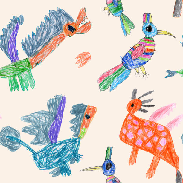 istock Hand drawn pencil and felt-tip pen sketches of fairy tale Dragons. Seamless pattern on a beige background 2163654853