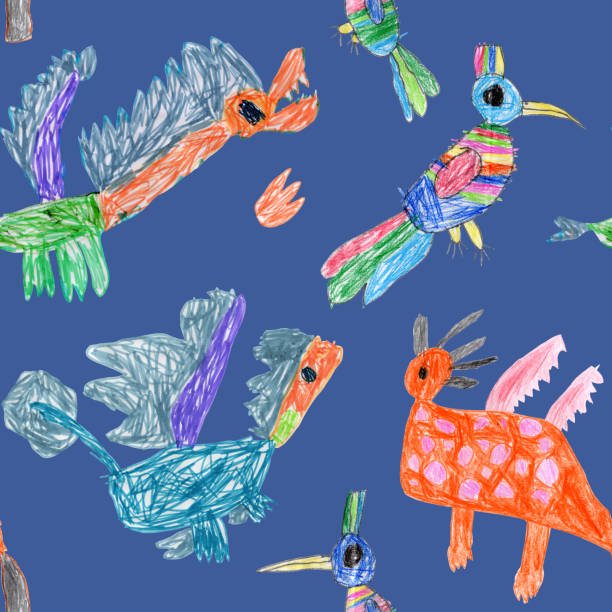 istock Hand drawn by colored pencils and felt-tip pen sketches of fairy tale Dragons. Seamless pattern on a dark blue background 2163654888