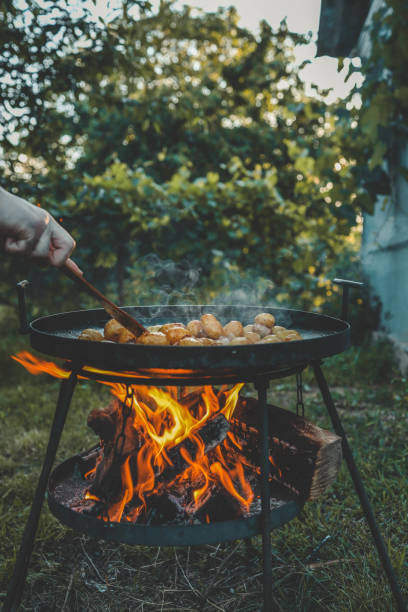 istock Potatoes with meat fried on fire, picnic in nature 2163658346