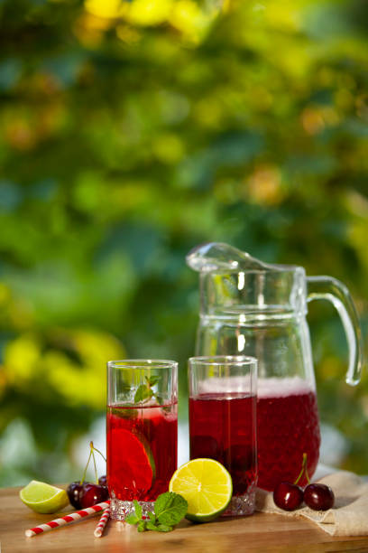 istock A glass pitcher of refreshing fruit punch, accompanied by two glasses garnished with lime, mint, and cherries. Vertical photo. 2163658742