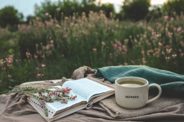 istock Cup with text BLESSED and open Bible in the garden, good morning 2163660076