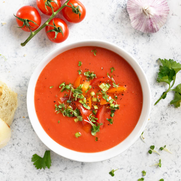 istock Homemade gazpacho soup in bowl over light stone background 2163660595