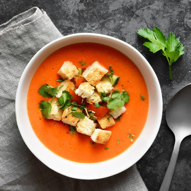 istock Tomato gazpacho soup with croutons in bowl 2163660670